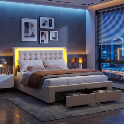 Immagine prodotto di Letto boxspring INONEFT 180x200 cm con LED, letto imbottito con 2 cassetti, letto con contenitore idraulico, base letto con rete a doghe, velluto, beige, senza materasso
