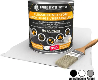 Produktbild von Flüssigkunststoff Abdichtungsset, Weiß 5KG, inkl. Pinsel und Vlies - 3-fache Ergiebigkeit - 5m² SET, Lösemittel- & bitumenfrei, Dichtet sofort