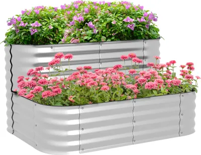 Zdjęcie produktu dla Metalowa podniesiona grządka Outsunny, dwupoziomowa skrzynka na kwiaty, donica, grządka warzywna ze śrubami, grządka ziołowa do ogrodu, balkon, srebrna, 118 x 45 x 30 cm