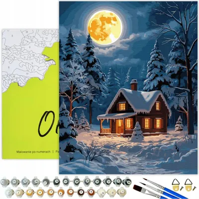 Produktbild von Malen nach Zahlen Erwachsene Landschaft Winter Nacht 50x40 - 29 Acrylfarben, Leinwand mit Holzrahmen, 3 Pinseln und Zubehör Oh Art!
