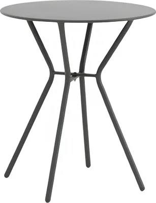 A gray round bistro table with four legs on a white background.