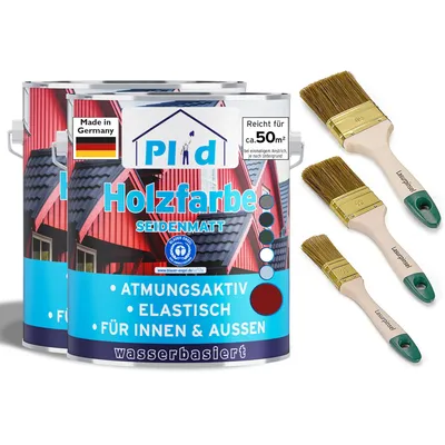 Produktbild von Plid Holzfarbe Schwedenrot 5l + Pinselset 3-tlg. / Innen & Außen - Wetterschutzfarbe Holzfarbe Außen - Dauerhafte Holzschutzfarbe - Holzlack