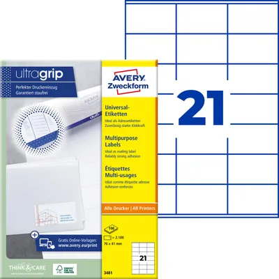 Produktbild von Avery Zweckform 3481, Universal-Etiketten, A4, Qualitätsdruck mit: ultragrip, 70 x 41 mm, 2.100 Etiketten / 100 Bögen, weiß