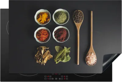 Produktbild von KitchenYeah© Herdabdeckplatte Schöpfkelle - Gewürze - Kräuter - Grün - Braun - Rustikal , 80x52cm, Küche Deko, Glaskeramikkochfeld Herdabdeckung, Abdeckplatte fùr Kochfeld