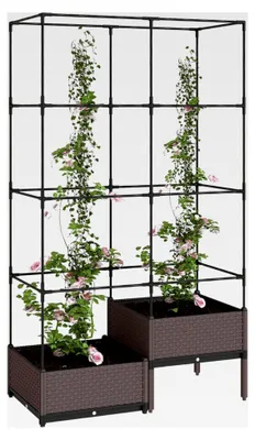Produktbild von Hochbeet mit Rankgitter, Zwei Pflanzkästen, Kunststoff Blumenkasten, 100 x 50 x 174 cm Gartenspalier für Garten, Balkon und Terrasse, Kletterpflanzen