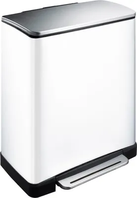 Produktbild von Stilvoller rechteckiger Treteimer mit extra breitem Pedal | 28+18 Liter, HxBxT 65x50x34,5cm | 2 Inneneimer aus Kunststoff | Weiß