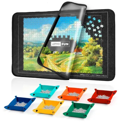 Zdjęcie produktu dla Deska do układania puzzli na 1000 elementów, przenośna mata filcowa z osłoną przeciwpyłową i 6 pojemników do sortowania, wymiary 81x56 cm