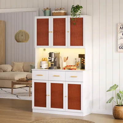 Produktbild von Merax Küchen-Buffetschrank 182 cm mit Stofftüren und Massivholzgriffe, Hochschrank mit LED-Beleuchtung, Anrichte mit Steckdose und USB, Weiß