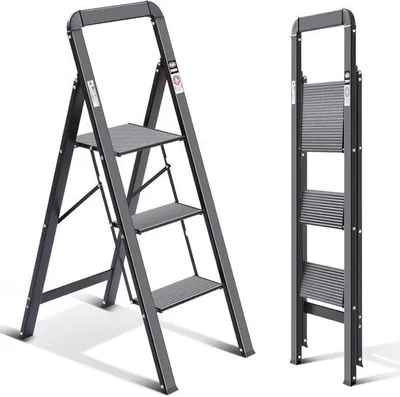 Productafbeelding van Trapladder 3 treden - Vouwladder opstapje - Huishoudelijk werk - Met leuning en antislip - 150 kg belastbaar - Zwart