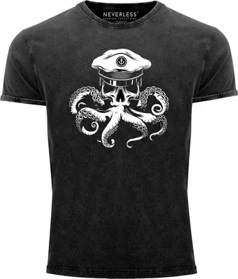 Produktbild von Herren Vintage Shirt Kapitän Totenkopf Oktopus Captain Skull Krake Printshirt T-Shirt Aufdruck Used Look Neverless® schwarz XXL
