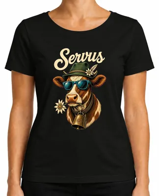 Productafbeelding van Servus Kuh, zonnebril, Edelweiss, traditioneel shirt van Beieren, lederen broek, dames T-shirt, zwart, maat S
