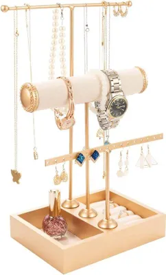 Produktbild von Famanu Schmuckständer T-förmig - Halter für Ketten, Ohrringe, Armbänder, Ringe, Uhren - 3 Stangen - Schmuckbaum - Uhrenständer