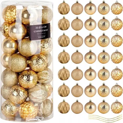 A clear studio shot of a package of gold Christmas ornaments, with a separate display of ornaments to the right.