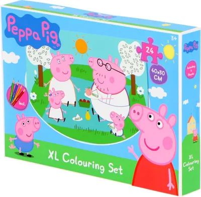 A Peppa Pig coloring set and puzzle box featuring the Peppa Pig family having a picnic.