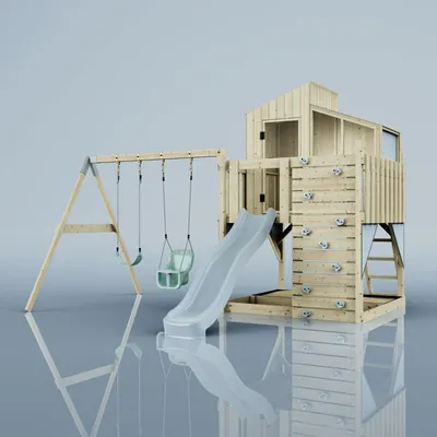 Produktbild von OutdoorToys Spielturm mit Spielhaus mit Wellenrutsche, Outdoor Klettergerüst Garten, Kletterwand und Kletterleiter, Ausführung: Babyschaukel, Farbe: Eisblau, mit Babyschaukel