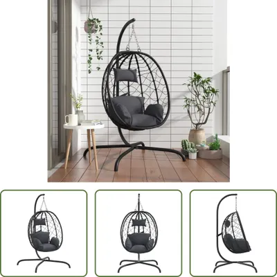 Image de The Living Store Fauteuil suspendu Oeuf avec coussin Anthracite Poly Rattan & Acier
