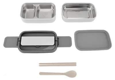 Produktbild von Lunchbox, doppelschichtig, mikrowellengeeignet, auslaufsicher, Edelstahl, tragbar, geteiltes Bento für Büro, Schule, Picknick, Weiß