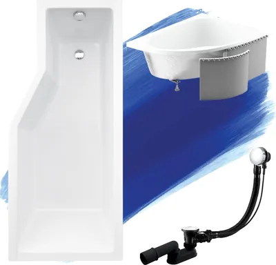 Image de Baignoire d'angle 170x75 droite avec revêtement en polystyrène, écoulement & pieds S | Set complet 4en1 baignoire originale acrylique siphon | BADLAND INTEGRA