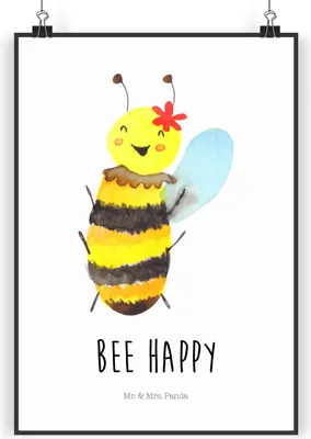Produktbild von Mr. & Mrs. Panda Bild Biene Happy DIN A3 - Weiß - Geschenk, Plakat, wanddeko, Kunstdruck, Wandbild, drucke