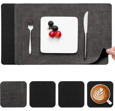 Produktbild von Tischsets Abwaschbar Lederoptik 4er Set Grau Schwarz Doppelseitig Rutschfest