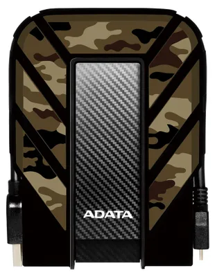 A top-down view of an external hard drive with a camouflage pattern.