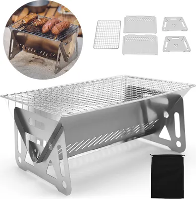 Obrázek produktu pro Přenosné skládací grilovací kamna Multifunkční kempingový gril Rack Net Firewood Stove Grill z nerezové oceli, 130 * 160 * 210 mm