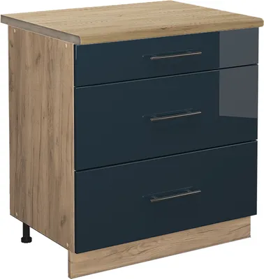 Produktbild von Küchenunterschrank Vicco Fame-Line Dunkelblau Hochglanz 80 cm mit 3 Schubladen, AP Eiche, Model 48900