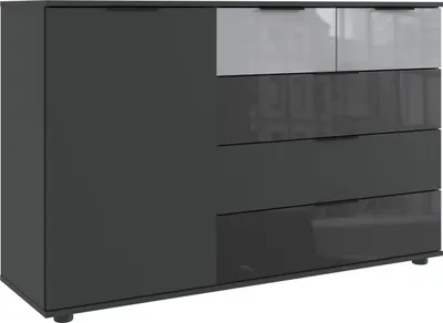 Produktbild von Kombikommode "Monaco" in GRAPHIT, GLAS SCHWARZ GLAS LIGHT GREY mit 5 Schubladen und einer Tür. Abmessungen (BxH) 130x83 cm
