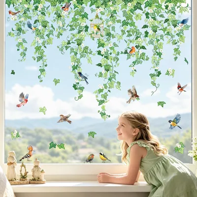 Productafbeelding van Raamstickers met Groene Bladeren en Vogels