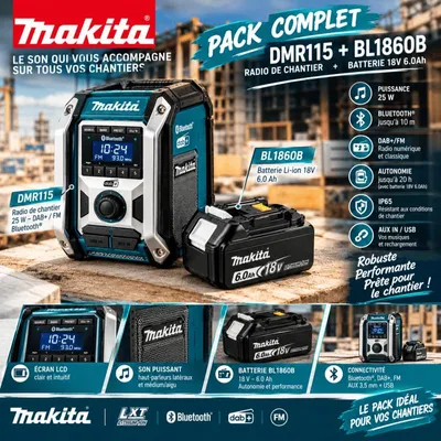 Image de Makita DMR115G1 – Radio de chantier 25 W Bluetooth®, DAB/DAB+, FM + Batterie 18 V 6,0 Ah BL1860B