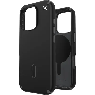 A black iPhone case is shown from a diagonal angle, with the inside of the case visible.