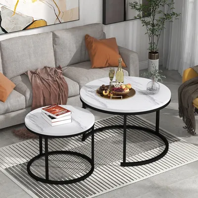 Produktbild von Couchtisch 2er Set Rund, Satztisch Beistelltisch Nesting Tables, Wohnzimmertisch aus MDF mit Metallgestell, Couchtisch Set in Holzoptik, Weiß