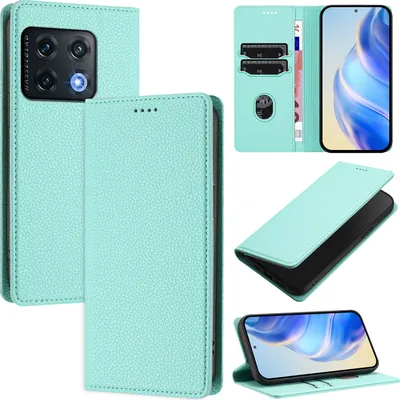 Produktbild von Litchi Leder Handyhülle für OnePlus 10 Pro Wallet Kartenfächer Standfunktion Hülle Türkis