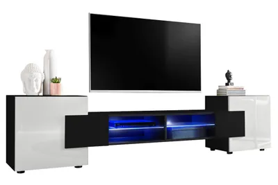 Obrázek produktu pro Extreme Furniture Bridge Tv Skříňka | Skříňka Do Obývacího Pokoje Se 2 Skleněnými Policemi A 2 Dvířky Černý Korpus A Bílé Přední Části