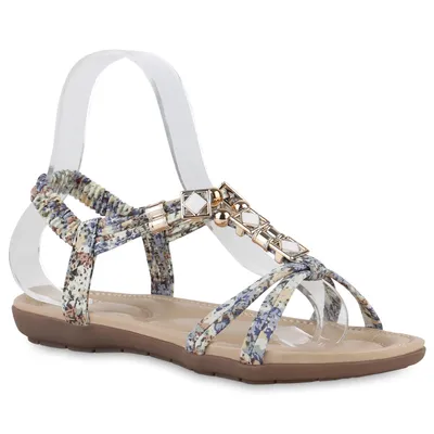 Produktbild von VAN HILL Damen Riemchensandalen Sandalen Zierperlen Profil-Sohle Schuhe 840104, Farbe: Hellgrün Hellblau Muster, Größe: 40
