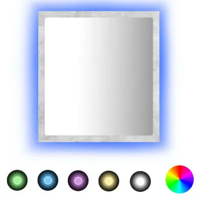A square mirror with a concrete-effect frame and blue LED lighting, shown with a selection of color swatches below.
