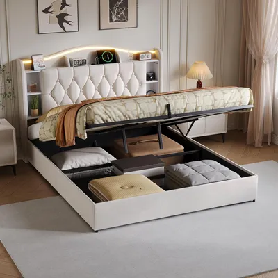 Obrázek produktu pro Postel UnboxG, čalouněná, rozměry 160x190 cm, barva béžová, s úložným prostorem, LED osvětlením, USB portem a bezdrátovou nabíječkou, čelo postele s policí, rám postele s plynovou pružinou a rošt