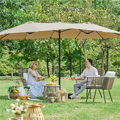 Produktbild von Yaheetech Großer Sonnenschirm mit Basis, Kurbelschirm 3,85 m lang, Sonnenschutz UPF 50+, extra großartiger Gartenschirm mit Kurbel, Terrassenschirm