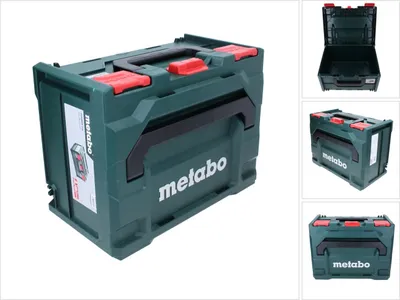 A dark green Metabo toolbox with red accents, shown from a slightly elevated side angle.