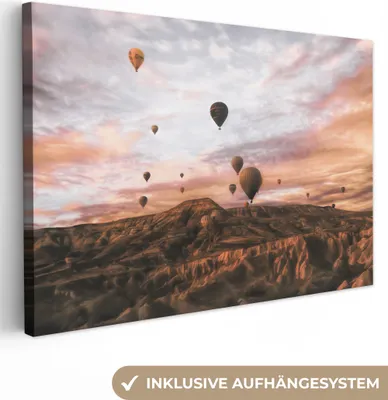 Produktbild von MuchoWow® - Leinwandbilder - Landschaft - Heißluftballon - Berge - Braun, Wandbild, Wanddeko Bilder Wohnzimmer, 120x80cm