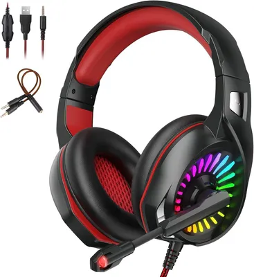 A gaming headset with RGB lighting and a microphone is shown against a white background.