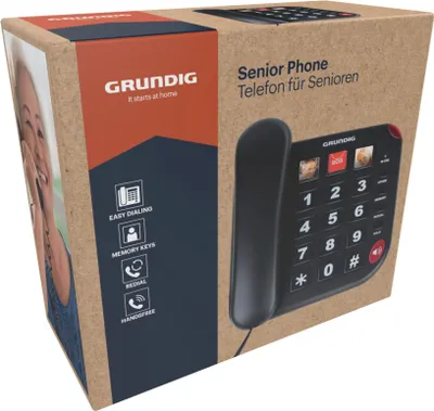 Obrázek produktu pro Telefon Grundig pro seniory - Pevný telefon pro seniory s velkými tlačítky - Pevný telefon pro seniory s rychlými fototlačítky - Pevný telefon - Hlasitý reproduktor a SOS tlačítko - Černý