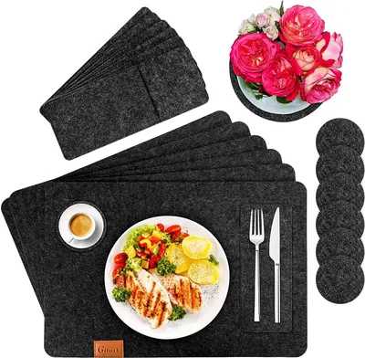 Produktbild von Platzset, Filz Tischset 6er Set mit Glasuntersetzer und Bestecktaschen, Waschbare Tischuntersetzer Platzdeckchen, Abwischbar Untersetzer Filzmatte