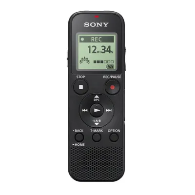 A black Sony digital voice recorder is shown against a white background.
