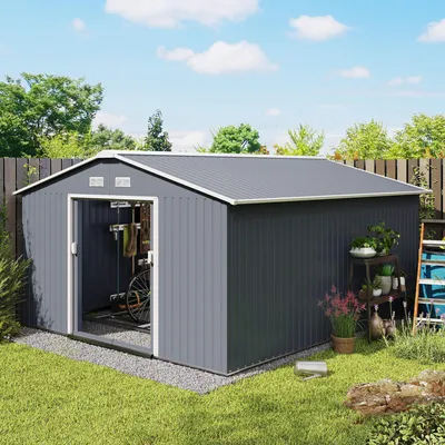 Produktbild von Gerätehaus Metall XXL mit Schiebetüren, Geräteschuppen Stahl wetterfest, Gartenhaus Dunkelgrau | 386 x 340 x 200 cm | 26,5 kg | 4 Belüftungsfenster