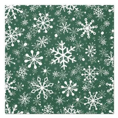 Produktbild von 20 Servietten Christmas Snowflakes green - Weiße Schneeflocken auf grün 33x33cm