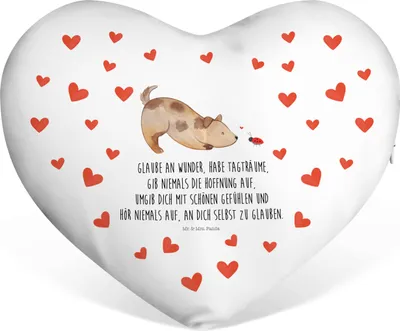 Produktbild von Mr. & Mrs. Panda Dekokissen Hund Marienkäfer - Weiß - Geschenk, Herzkissen, Mischlingshund, Kuschelkissen, Sprüche, Liebe Kissen, dekoartikel, Sofakissen, Positiv