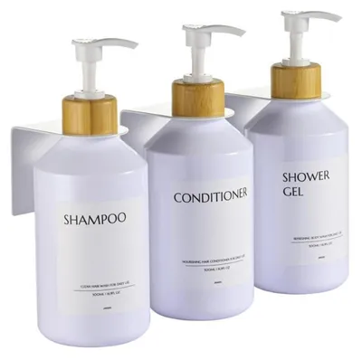 Immagine prodotto di Set di 3 dispenser per sapone da montare a parete, capacità 500 ml, colore bianco, senza necessità di foratura, ideali per cucina e bagno