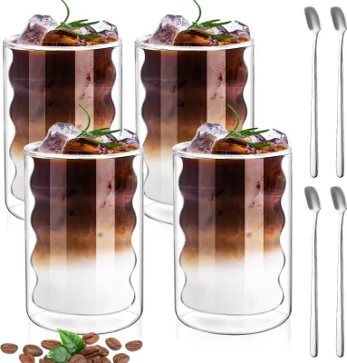 Produktbild von 4er Set 350ml Latte Macchiato Gläser Set, Doppelwandige Gläser mit 4 Löffeln, Cappuccino Gläser, Kaffeegläser, Thermogläser, Latte Macchiato-Gläser