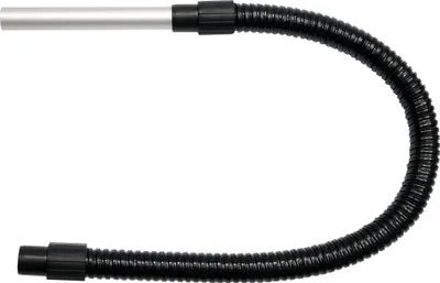 A flexible hose attachment for a vacuum cleaner, with a silver metal tube on one end and a black ribbed hose on the other.